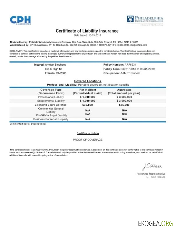 États Unis Pennsylvanie Certificat d'assurance responsabilité civile